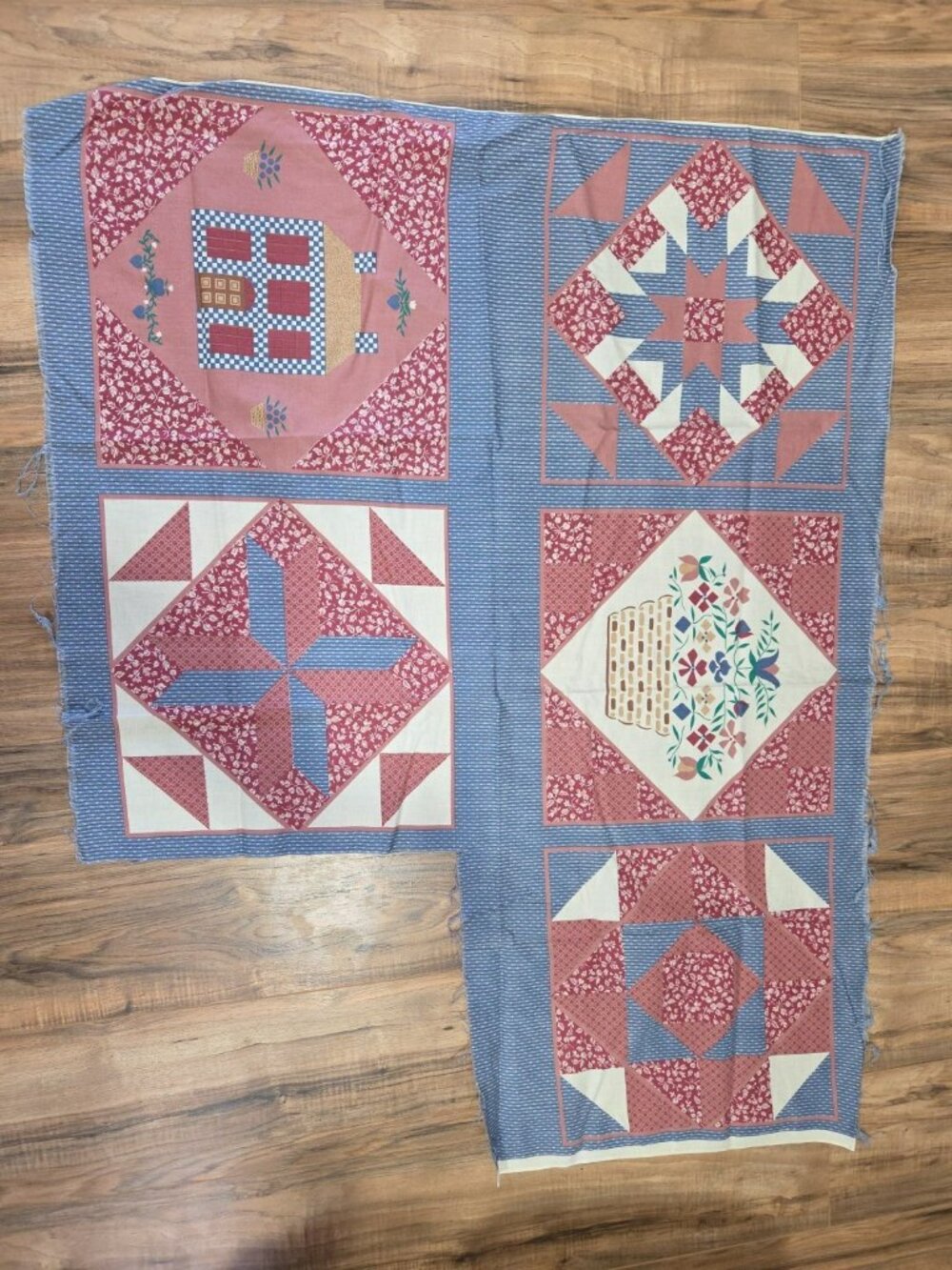 Vintage Pink Blue Country Quilt Pannel Cut